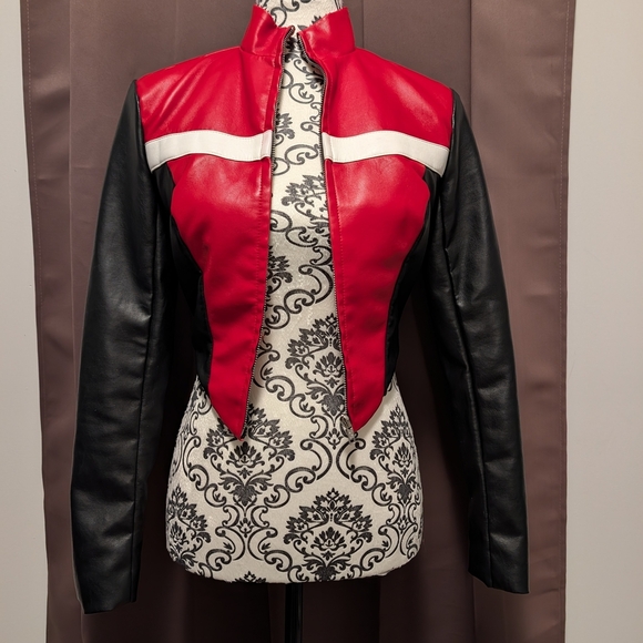 🖤 Red and Black Faux Leather Moto Jacket - Picture 1 of 6
